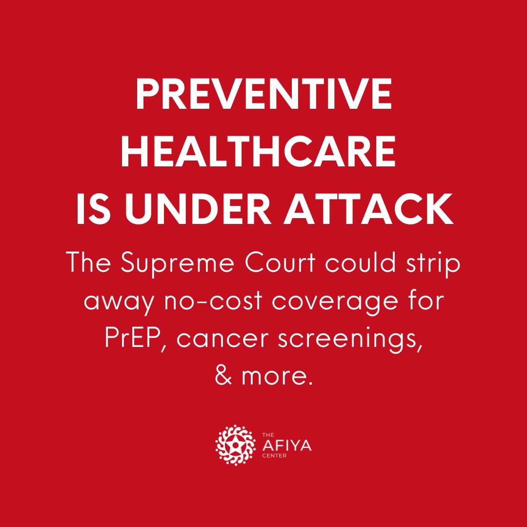 TheAfiyaCenter's tweet image. 🚨 The Supreme Court is set to decide if insurers can deny no-cost preventive care, including PrEP & cancer screenings. Black-led orgs, including @TheAfiyaCenter, are fighting back.
Lives are on the line. Read our amicus brief & take action: bit.ly/BraidwoodvKenn…