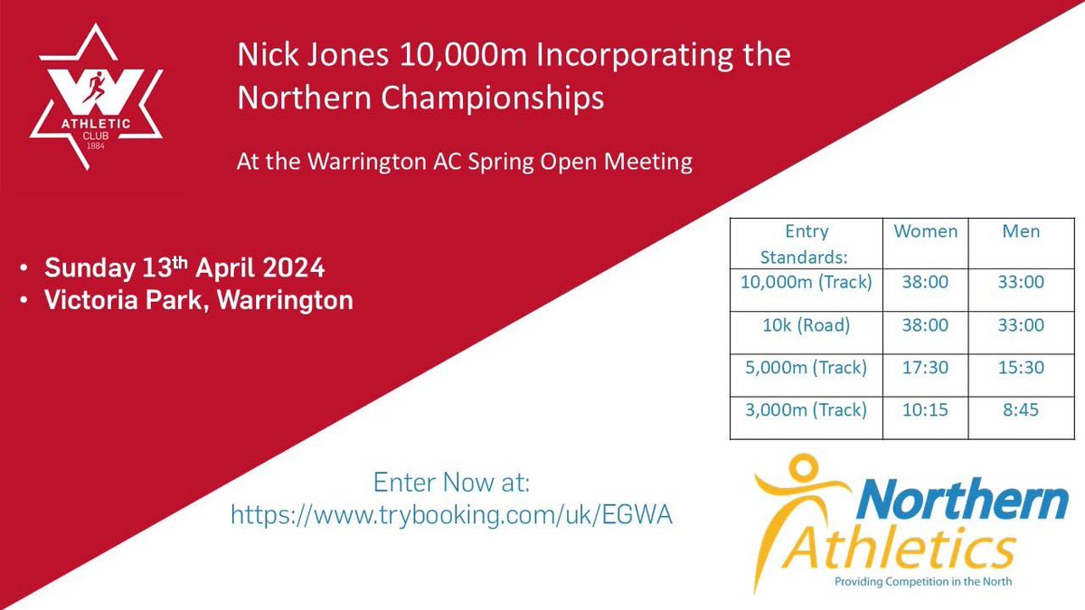 WarringtonAC (@warringtonac) on Twitter photo Warrington AC are proud to be teaming up with <a href="/NorthernAthlet1/">Northern Athletics</a> to host the 10,000m Championships as part of the <a href="/Nj02run/">Nick jones</a> Nick Jones 10,000m race on Sun 13th April. A chance to get your hands on a Northern medal in the rarely ran track distance. Enter: trybooking.com/uk/EGWA Warrington AC are proud to be teaming up with <a href="/NorthernAthlet1/">Northern Athletics</a> to host the 10,000m Championships as part of the <a href="/Nj02run/">Nick jones</a> Nick Jones 10,000m race on Sun 13th April. A chance to get your hands on a Northern medal in the rarely ran track distance. Enter: trybooking.com/uk/EGWA
