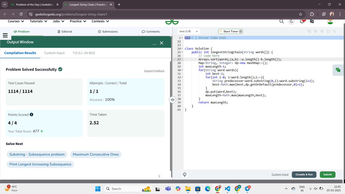 mamtasingh1089's tweet photo. #POTDwithGFG GFG 160 Daily DSA problems Problem Solved : Longest String Chain #gfg160 #geekstreak2024 #CodeEveryDay #ProblemSolving #DSADay 103/160 of @geeksforgeeks https://t.co/ud5z7rS36q