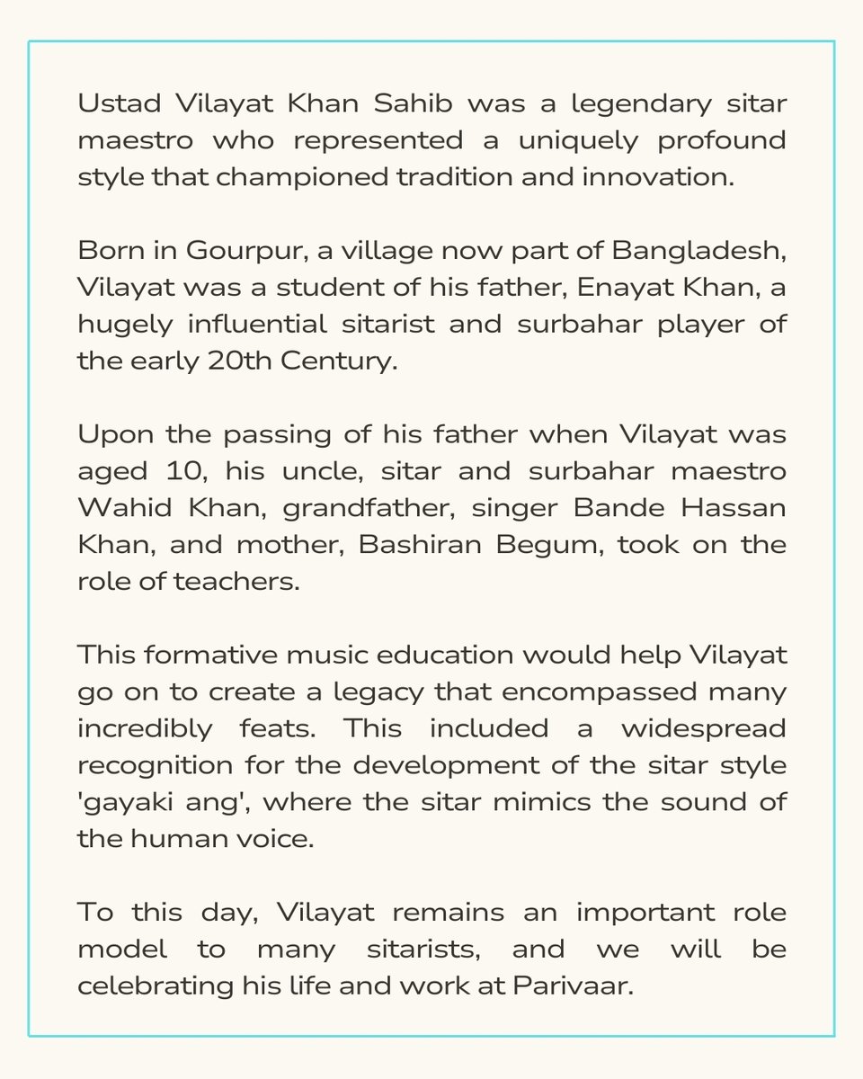 Ustad Vilayat Khan Sahib holds a legacy as one of the most influential Indian Classical musicians of all time.

Next Saturday, join us for a special evening of music and dance as we celebrate his inspiring legacy at Parivaar.

Tickets-buff.ly/NKfR2uX