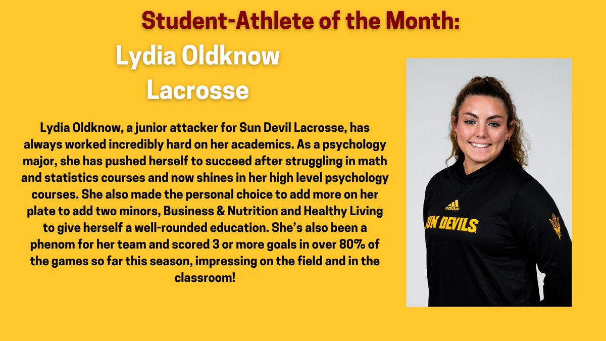 Sun Devil OSAD (@sundevil_osad) on Twitter photo The next student we'd like to highlight is Lydia Oldknow from <a href="/SunDevilWLax/">Sun Devil Lacrosse</a>, our Most Improved Female Student-Athlete of the Month! Congrats on your achievements in the classroom Lydia, they don't go unnoticed! Great job!! <a href="/TheSunDevils/">Arizona State Sun Devils</a> #O2V! The next student we'd like to highlight is Lydia Oldknow from <a href="/SunDevilWLax/">Sun Devil Lacrosse</a>, our Most Improved Female Student-Athlete of the Month! Congrats on your achievements in the classroom Lydia, they don't go unnoticed! Great job!! <a href="/TheSunDevils/">Arizona State Sun Devils</a> #O2V!