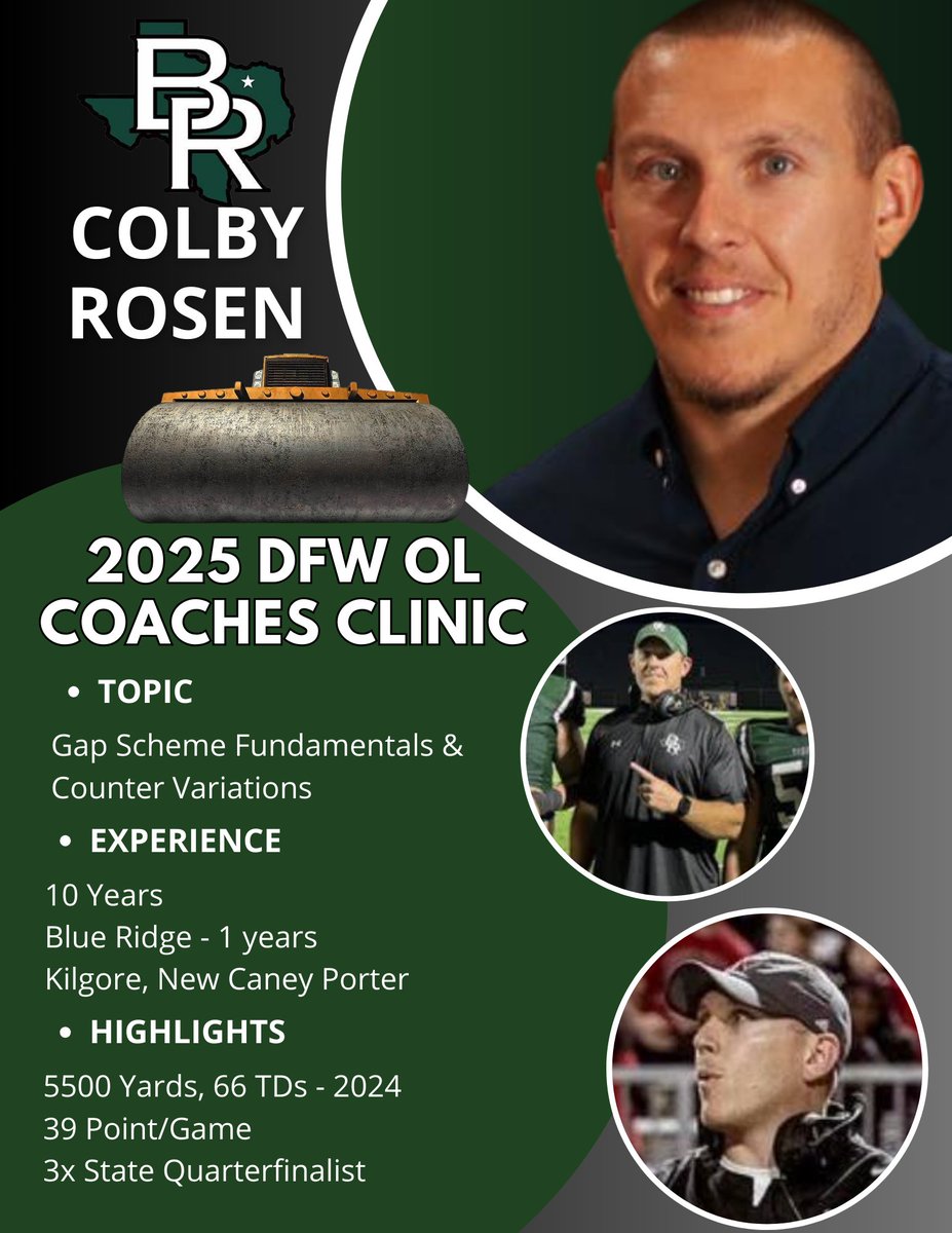 OL Coaches Clinic (@olcoachesclinic) on Twitter photo Small School - Big Time Production!
Colby Rosen <a href="/CoachCRosen/">Colby Rosen</a> from Blue Ridge High School coached his group to some impressive accomplishments in 2024.
Come listen to one of the best small school OL coaches in DFW on April 12th
Get registered today
olcoachesclinic.com Small School - Big Time Production!
Colby Rosen <a href="/CoachCRosen/">Colby Rosen</a> from Blue Ridge High School coached his group to some impressive accomplishments in 2024.
Come listen to one of the best small school OL coaches in DFW on April 12th
Get registered today
olcoachesclinic.com