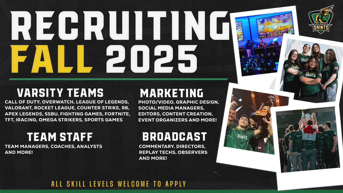 Chris Funston (@chris_funston) on Twitter photo Seeking the next generation of talent to join us at <a href="/SaintsGamingCA/">St. Clair Saints</a> ๐จ๐ฆ
Positions open across all teams, marketing, events, broadcasting and more.
Looking for those to push themselves and their teammates to be the best they can be in the classroom and in game.
DM for more info! Seeking the next generation of talent to join us at <a href="/SaintsGamingCA/">St. Clair Saints</a> ๐จ๐ฆ
Positions open across all teams, marketing, events, broadcasting and more.
Looking for those to push themselves and their teammates to be the best they can be in the classroom and in game.
DM for more info!