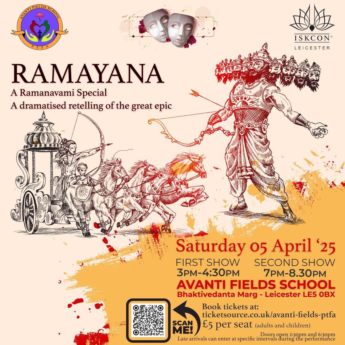 Celebrate Ramanavami with a spectacular theatrical journey into the Ramayana

Saturday, April 5th, 2025, at  Avanti Fields School, Leicester LE5 0BX.

🅿️Free onsite parking 🚗

🎟️Tickets £5 per person 
🔗 ticketsource.co.uk/avanti-fields-…