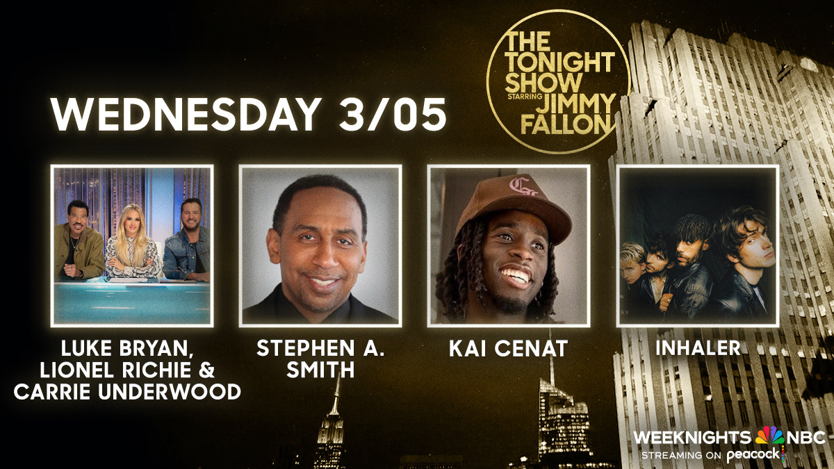 Don’t miss tonight’s lineup!

⭐ <a href="/lukebryan/">Luke Bryan</a>, <a href="/LionelRichie/">Lionel Richie</a> &amp; <a href="/carrieunderwood/">Carrie Underwood</a>
🎙️ <a href="/stephenasmith/">Stephen A Smith</a>
📺 <a href="/KaiCenat/">Kai Cenat</a>
🎶 Performance from <a href="/InhalerDublin/">Inhaler</a>

#FallonTonight