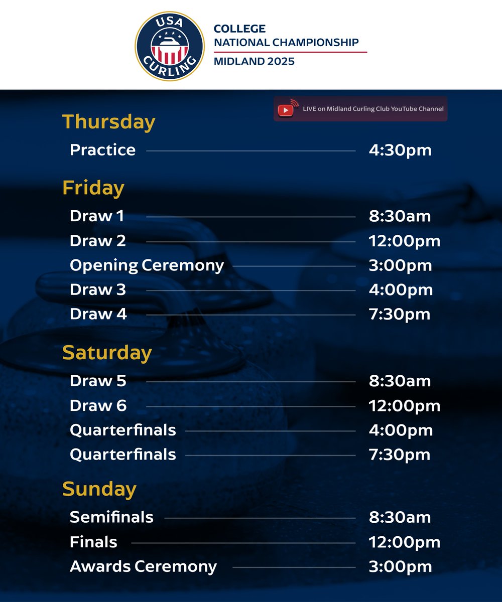 We are T-Minus 24 HOURS to Nationals! Here is the event schedule for the weekend. Visit collegecurlingusa.org/nationals for linescores and livestreaming.