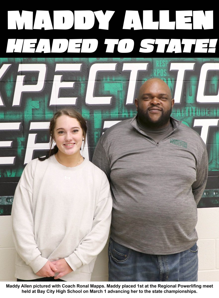 LivingstonISD's tweet photo. Congratulations to LHS junior Maddy Allen on her THIRD trip to the THSWPA State Championships in Powerlifting! Maddy will be lifting in the Division 11 (4A) Big in the 181 weight class. The event will be held on March 14 at the Bert Ogden Arena in Edinburg. https://t.co/xJPUe49AhJ