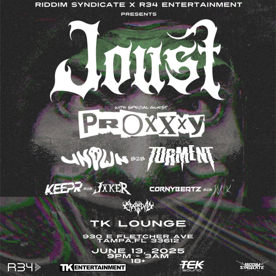WHATS GOOD TAMPA? 👋🥸

Announcing our Tampa debut this June with our brother <a href="/joustdub/">JOUST</a> to cause some more masked madness alongside <a href="/unownmp9/">Unowndubz</a> , <a href="/Tormentmp3/">TORMENT</a> and more!

s/o <a href="/RiddimSyndicate/">Riddim Syndicate</a> for the opportunity!