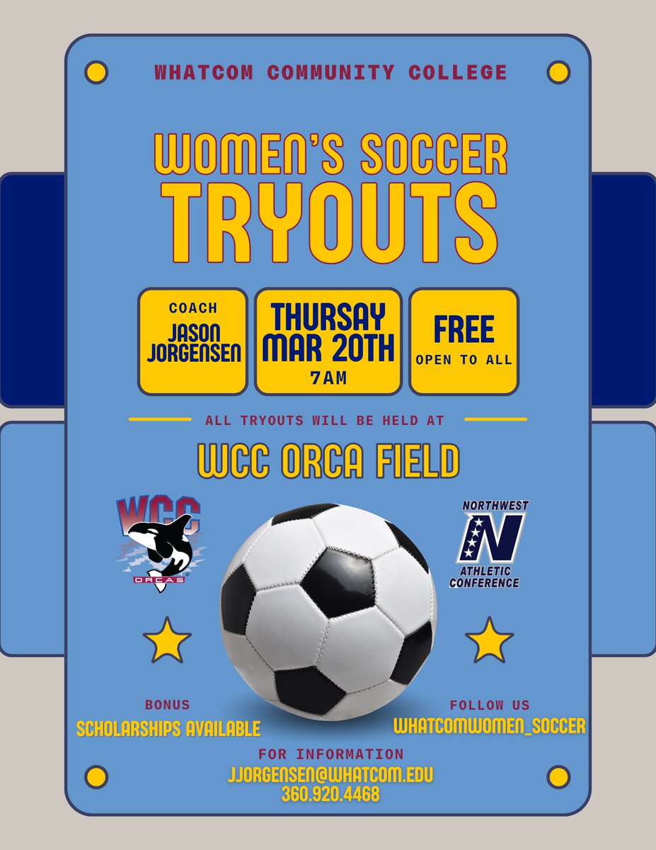 Whatcom CC Orca Athletics (@whatcomorcas) on Twitter photo The Women's Soccer team is hosting tryouts at Orca Field on Thursday, March 20th at 7 a.m. Open to all. Contact Coach Jason Jorgensen@whatcom.edu or at 360.920.4468. GO ORCAS! The Women's Soccer team is hosting tryouts at Orca Field on Thursday, March 20th at 7 a.m. Open to all. Contact Coach Jason Jorgensen@whatcom.edu or at 360.920.4468. GO ORCAS!