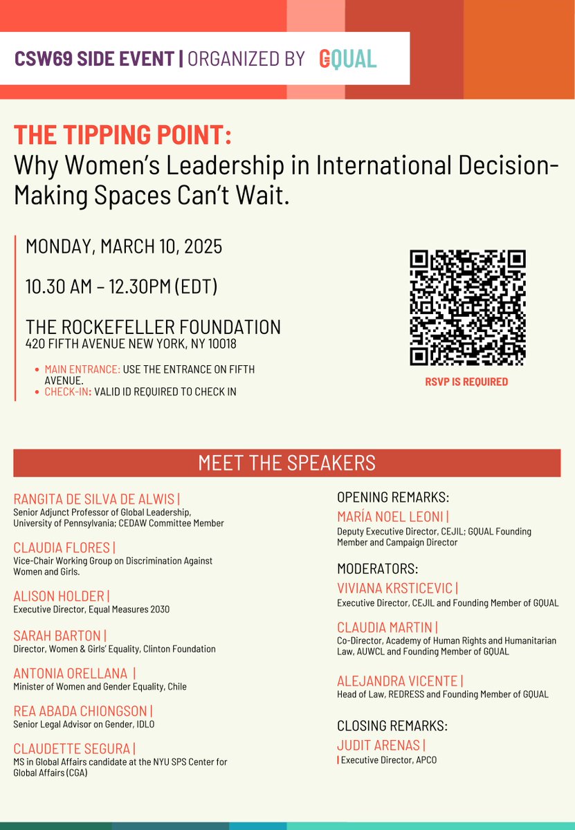 📣🟣#CSW69 SIDE EVENT | The Tipping Point: Why Women’s Leadership in International Decision-Making Spaces Can’t Wait

Join us on March 10th, from 10:30 AM to 12:30 PM (EDT) for our Side Event at the Rockefeller Foundation! 

✍RSVP is open until Friday: docs.google.com/forms/d/e/1FAI…