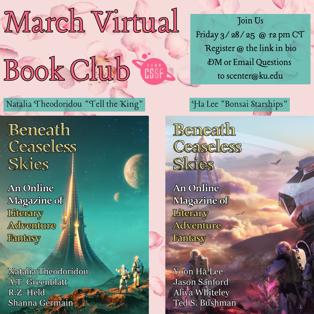 🌸Time for our March Virtual Book Club!🌸
Join us this month to discuss Natalia Theodoridou’s story “Tell the King” and “Bonsai Starships” by Ha Lee!

🗓️ When: March 28, 2025
🕛 Time: 12:00 PM Central Time
💻 Where: Zoom (Link in bio)

Don't forget to register—link is in our bio!