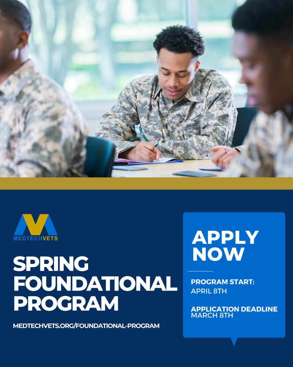 *LAST CHANCE TO APPLY* Get those applications in for the Spring Foundational Program by March 8th! Don't miss out—we only have a few spots left!

Apply today: ow.ly/Uw9F50UmJW5

#usveteran #usarmy #usnavy #militarytransition #medtech