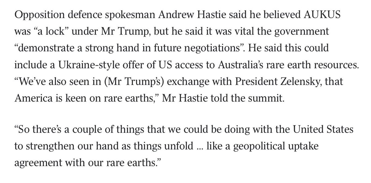 Under pressure of war, Trump has forced Ukraine to put its critical minerals on the table in exchange for security support. Meanwhile, under no pressure and with no negotiations on-foot, LNP Defence shadow Andrew Hastie plans surrender of our rare earths🤦‍♂️. $368B #AUKUS #auspol