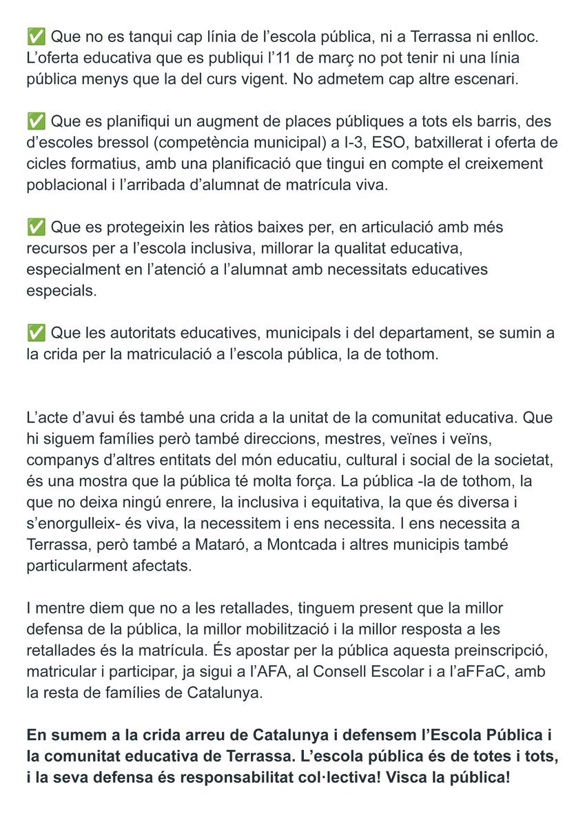 Moltes gràcies a qui ha defensat la pública avui: a les AFA, a les direccions i mestres, a les entitats, a les veïnes, a la cultura popular. Aquí l'escrit llegit pel company de l'AFA Roc Alabern, un gran projecte educatiu amenaçat per <a href="/educaciocat/">Educació</a> 👇