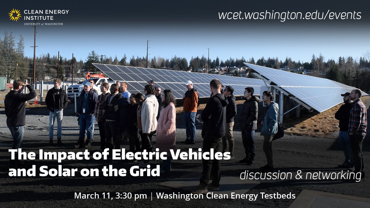 Clean Energy Institute (@uw_cei) on Twitter photo On March 11, join us at the <a href="/WCETestbeds/">Washington Clean Energy Testbeds</a> for the next event in our climate tech discussion & networking series! The Impact of Electric Vehicles and Solar on the Grid 🚗🔋☀️🔌 On March 11, join us at the <a href="/WCETestbeds/">Washington Clean Energy Testbeds</a> for the next event in our climate tech discussion & networking series! The Impact of Electric Vehicles and Solar on the Grid 🚗🔋☀️🔌