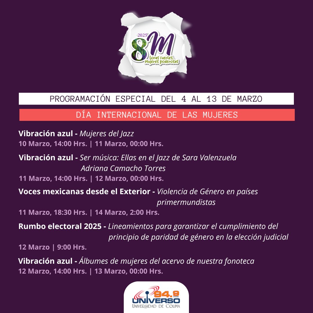 UNIVERSO949's tweet photo. La Radio Universitaria informa los contenidos que podrás disfrutar como parte de nuestra programación especial, en el marco del Día Internacional de la Mujer.

Te invitamos a que sigas las diferentes emisiones que se suman a este día conmemorativo ➡️ https://t.co/VrQ72bZVKv

#8M https://t.co/w7BmejY1X2