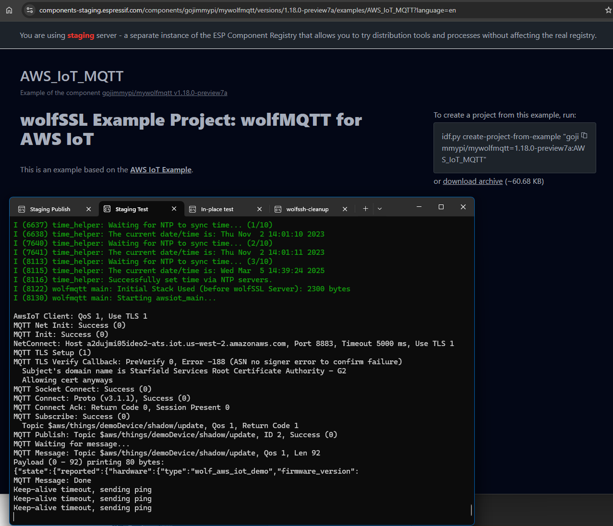 gojimmypi's tweet photo. Yay! MQTT Managed Component Example for #Espressif #ESP32 coming together quite nicely @wolfSSL 😎
Connect to AWS listening server from ESP32.
Shown here is a slightly older version 1.18.0 #wolfMQTT release, just published to my staging site. All open-source software. ♥️ https://t.co/qgl5pWYBlO
