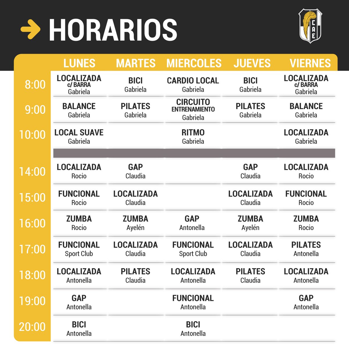 ¡Sumate a entrenar!

Horarios del CAE Gym para este año
📍 Sede Central

Te esperamos!