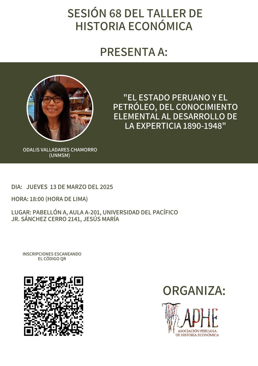 📢 ¡Nueva sesión del #TallerDeHistoriaEconómica!

🗓 Jueves 13 de marzo de 2025 – 18:00 (Lima, Perú)
📍 Universidad del Pacífico, Pabellon A, Aula A-201
👩‍🏫 Ponente: Odalis Valladares Chamorro (UNMSM)

 🔗 laaphe.org/sesion-68-del-…

#HistoriaEconómica #APHE