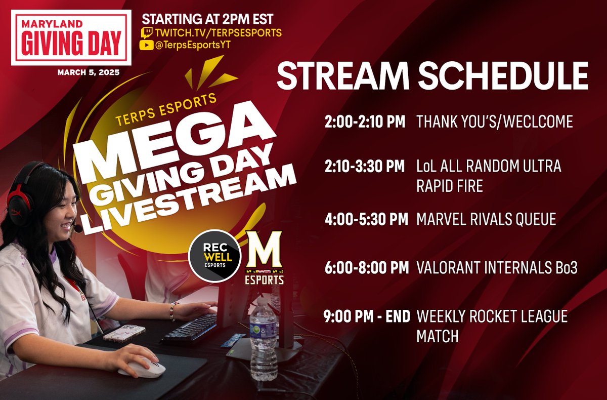 🚨 GET READY! 🚨

Our #GivingDayUMD livestream kicks off in 30 minutes!

Tune in for exciting matchups across our top titles and to keep up with our $4,000 donation goal!

Check out the schedule below!

📺 twitch.tv/TerpsEsports
🎁 go.umd.edu/Esports

#GoTerps | <a href="/UMDRecWell/">UMD RecWell</a>