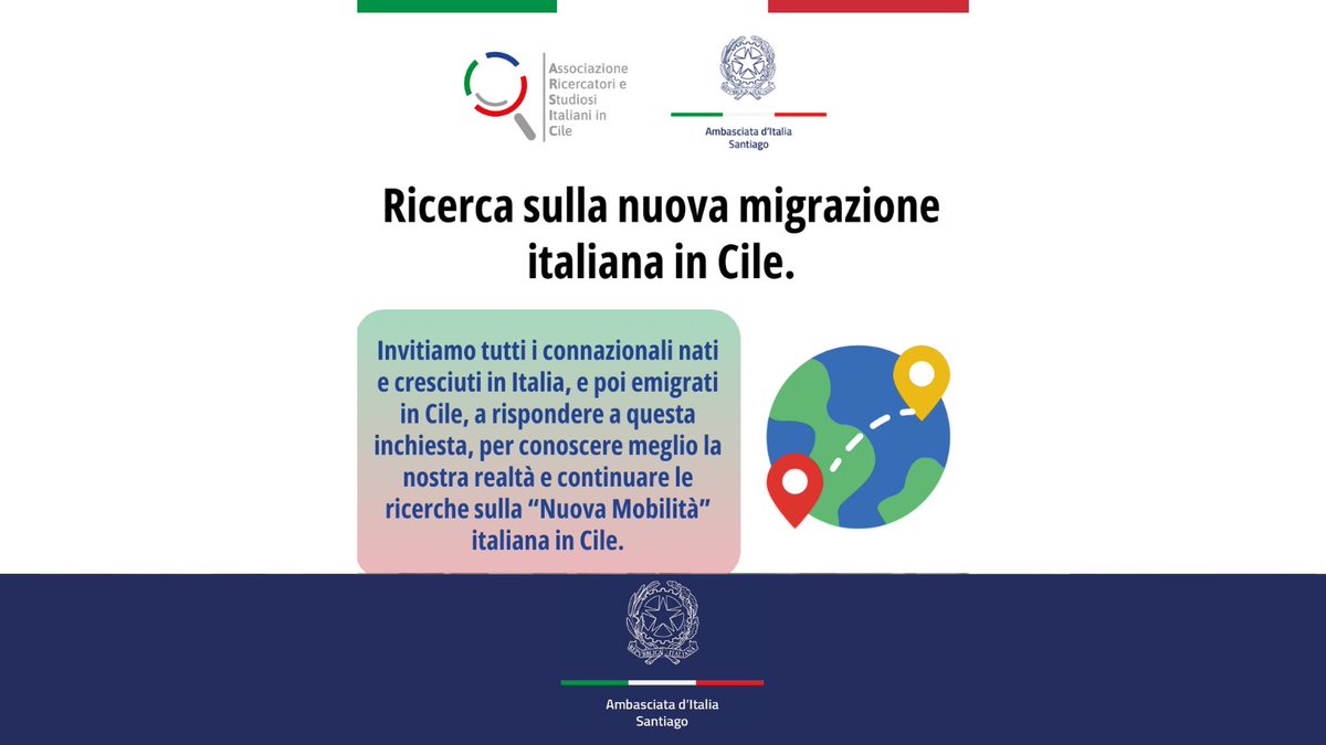 L’Ambasciata🇮🇹 e l'Associazione Ricercatori e Studiosi Italiani in Cile invitano i connazionali🇮🇹 nati e cresciuti in Italia e poi emigrati in 🇨🇱 a rispondere entro il 30/04/25 al #QuestionarioNuovaMobilità!
Si può compilare in forma anonima al link➡️forms.gle/m5Dd3pLYB6xDk5…