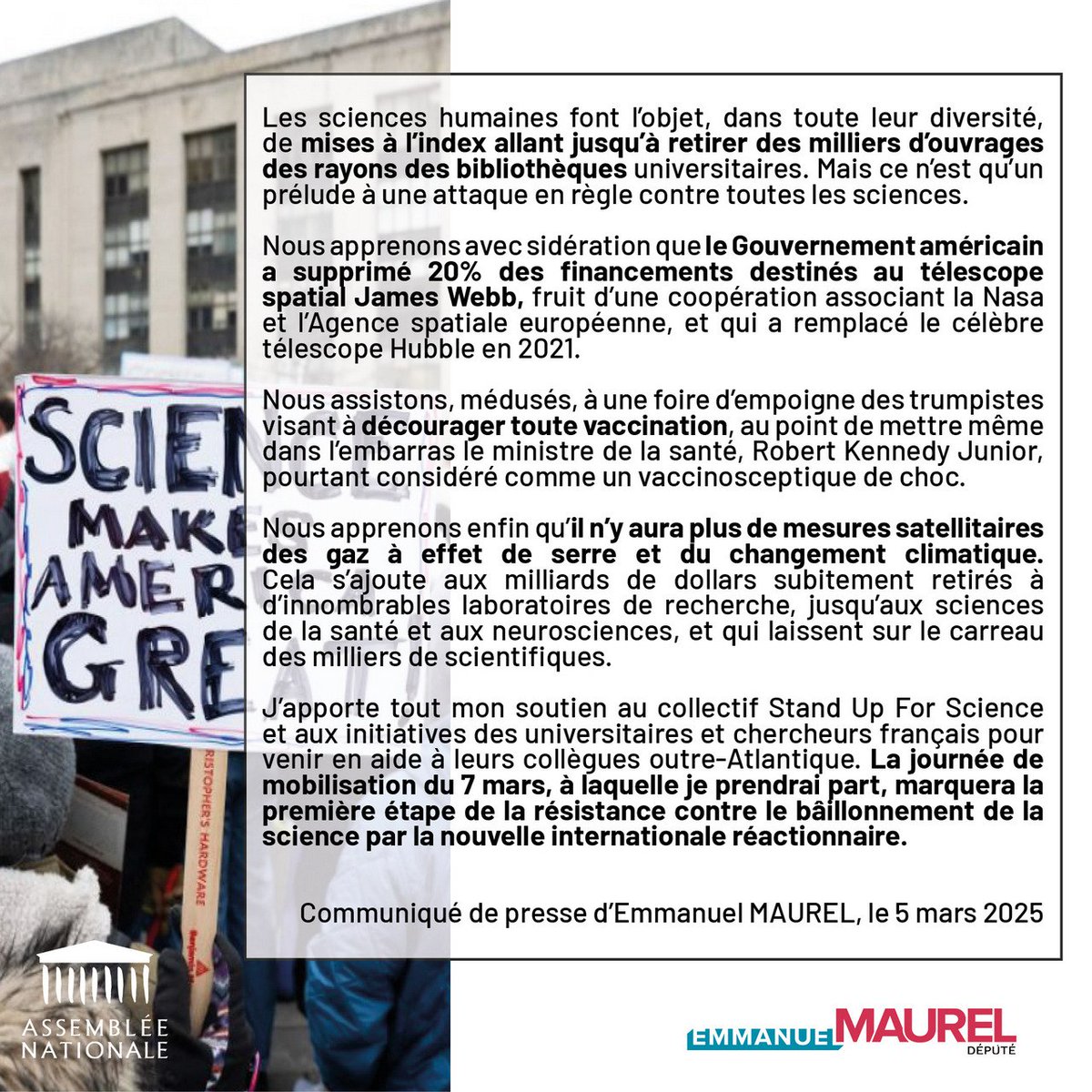 🔬🇺🇸Trump et sa bande de fanatiques découpent la science à la tronçonneuse.
Sciences humaines, recherche spatiale, mesures des gaz à effet de serre.. Tout y passe.
Et ils osent nous faire la leçon sur la liberté d'expression!
Le 7 mars défendons la science!
#standupforscience2025