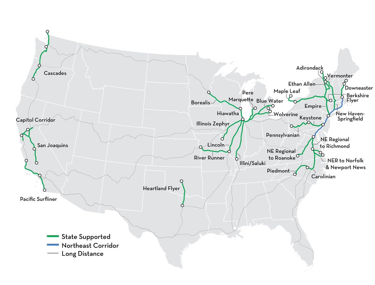 The Trump Administration wants to privitize Amtrak...

This would have a disastrous affect on the US passenger rail network and could not only kill long distance trains but maybe even state supported routes.

Map below shows the Amtrak network without long distance trains.