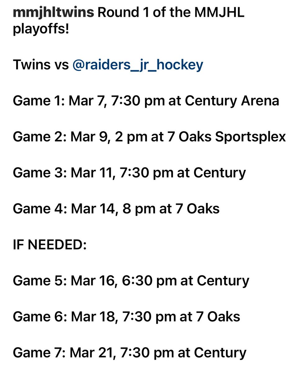It’s #MMJHL playoff time! The Twins are at the top of the league and hope to go all the way. Round 1 vs <a href="/Raiders_JHC/">RaidersJuniorHockey</a> starts Friday. Mark your calendars and come out to cheer!