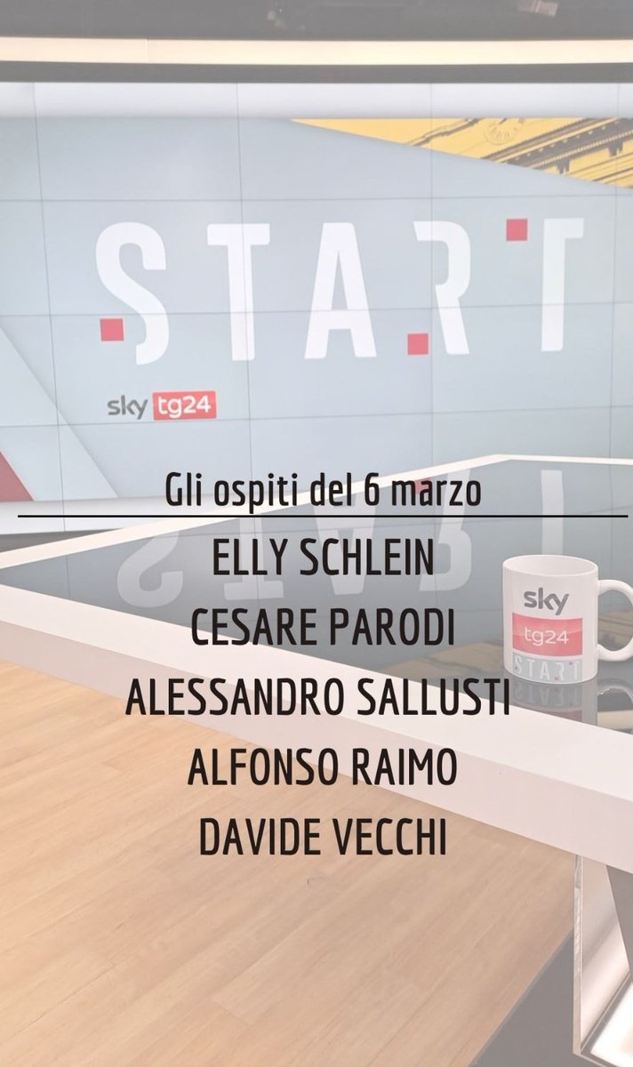 Giovanna Pancheri (@giopank) on Twitter photo Domani a #Start saremo con la segretaria del Pd <a href="/ellyesse/">Elly Schlein</a>, con il presidente dell'Anm Cesare Parodi e insieme a <a href="/alesallusti/">Alessandro Sallusti</a>, <a href="/raimoal/">alfonso raimo</a> e <a href="/davide_vecchi/">Davide Vecchi</a>.
Come sempre in onda dalle 9:30 su <a href="/SkyTG24/">Sky tg24</a>. Vi aspetto! Domani a #Start saremo con la segretaria del Pd <a href="/ellyesse/">Elly Schlein</a>, con il presidente dell'Anm Cesare Parodi e insieme a <a href="/alesallusti/">Alessandro Sallusti</a>, <a href="/raimoal/">alfonso raimo</a> e <a href="/davide_vecchi/">Davide Vecchi</a>.
Come sempre in onda dalle 9:30 su <a href="/SkyTG24/">Sky tg24</a>. Vi aspetto!