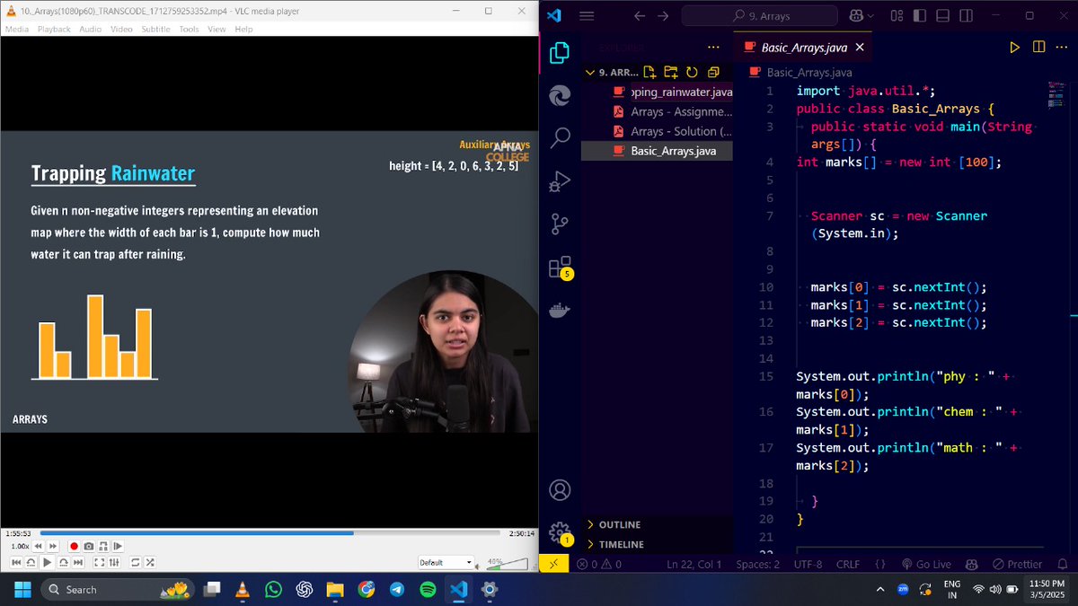 codewithrk21's tweet image. Day 16/100 #100DaysofCode 
On the Way to Mastering #JavaWithDsa
Missed Few Days but Come back Once again for the 100x challenge 
I learned today various Array Concepts or examples  till trapping rainwater example with @ShradhaKhapra_ Mam
@ApnacollegeX
#JavaWithDsa #coding