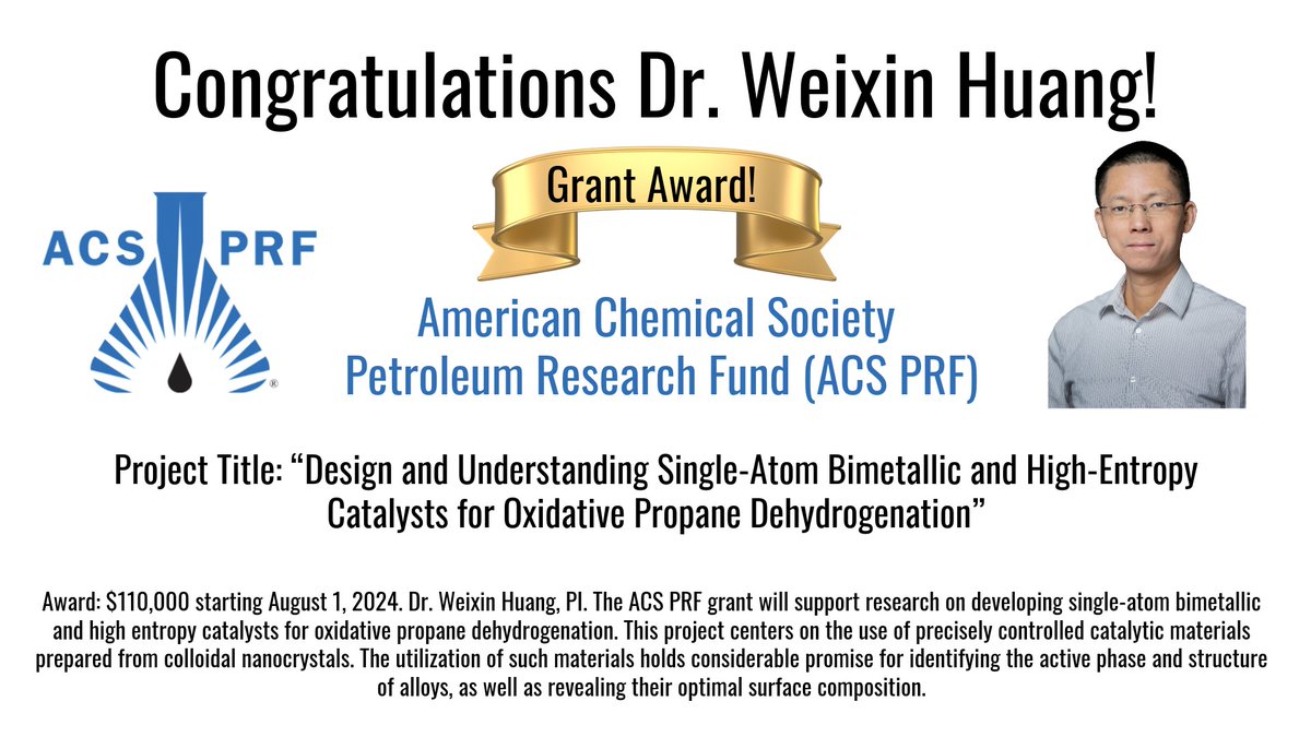 UND Chemistry is proud of Weixin Huang for his prestigious Grant Award from the American Chemical Society Petroleum Research Fund (ACS PRF)! #UNDProud