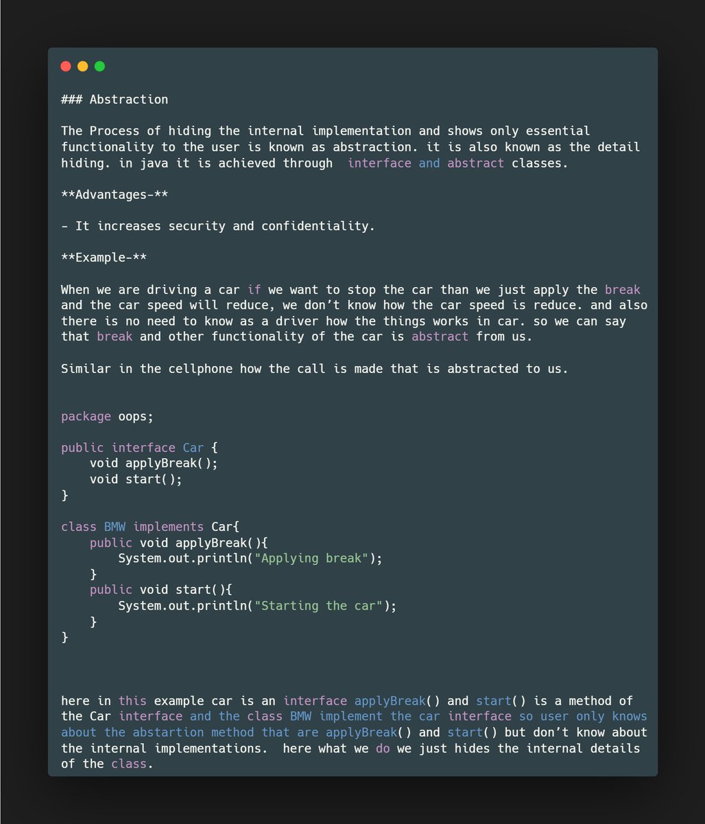 Abstraction
The Process of hiding the internal implementation and shows only essential functionality to the user is known as abstraction. it is also known as the detail hiding. in java it is achieved through  interface and abstract classes.
#java #ayshriv #oops