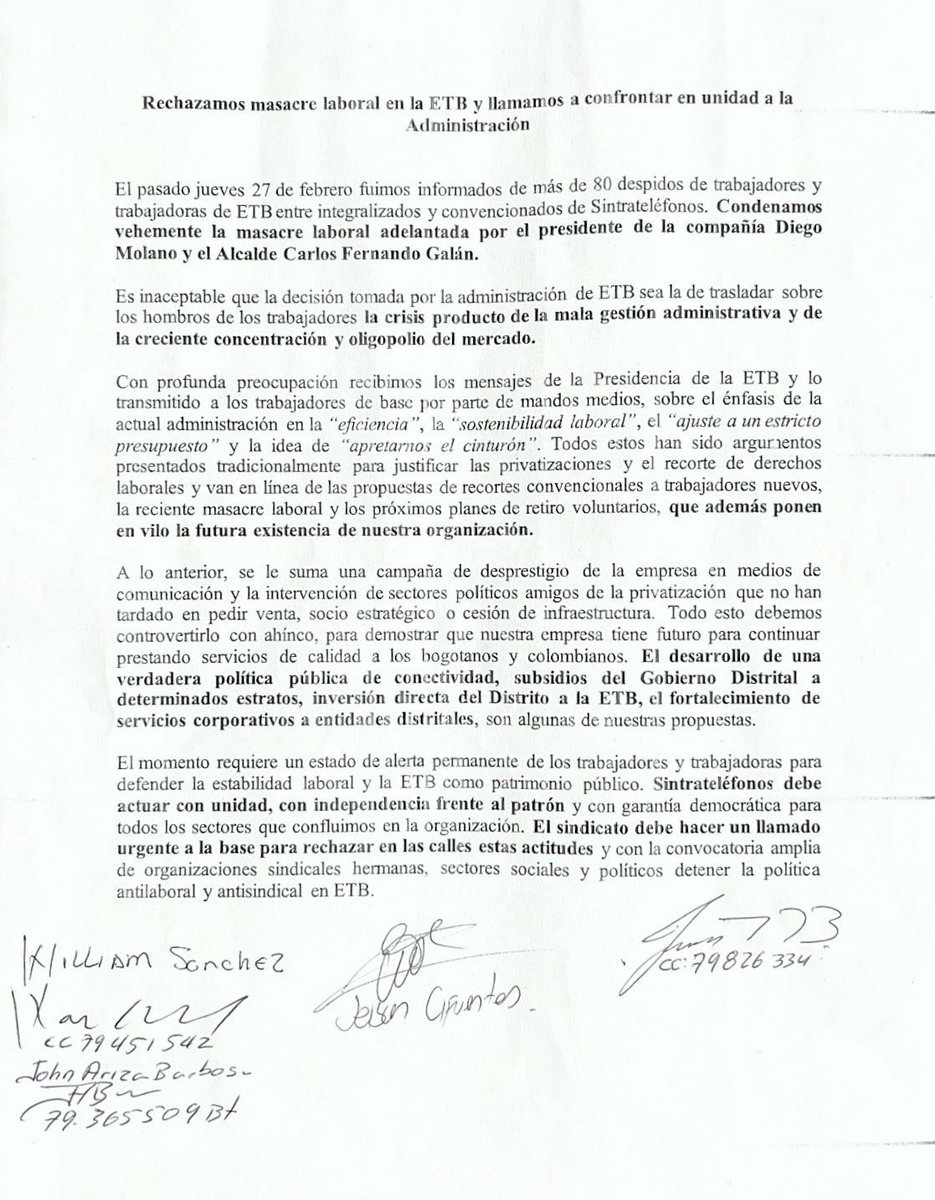 Desde <a href="/SindicatoETB/">Sintrateléfonos ETB</a> rechazamos masacre laboran en <a href="/ETB/">ETB</a> despidos injustificados mientras otros pasan de agache en las altas gerencias. <a href="/CarlosFGalan/">Carlos F. Galán</a> <a href="/diegomolanovega/">Diego Molano Vega</a> <a href="/cutcolombia/">Central Unitaria de Trabajadores</a> <a href="/CUTBTACMARCA/">CUT Bogotá C/marca</a> <a href="/SUNETBogota/">SUNET Bogotá</a>