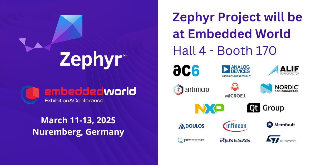 Zephyr Project (@zephyriot) on Twitter photo The countdown to #EmbeddedWorld 2025 is on! 🎉 Visit the Zephyr Project booth (Hall 4, Booth 170) to explore the latest in RTOS innovation, live demos, and networking opportunities! hubs.la/Q039tVJV0 #ew25 #ZephyrRTOS #opensource <a href="/embedded_world/">embedded world</a> <a href="/Ac6Embedded/">Ac6</a>
<a href="/ADI_News/">Analog Devices, Inc.</a> The countdown to #EmbeddedWorld 2025 is on! 🎉 Visit the Zephyr Project booth (Hall 4, Booth 170) to explore the latest in RTOS innovation, live demos, and networking opportunities! hubs.la/Q039tVJV0 #ew25 #ZephyrRTOS #opensource <a href="/embedded_world/">embedded world</a> <a href="/Ac6Embedded/">Ac6</a>
<a href="/ADI_News/">Analog Devices, Inc.</a>