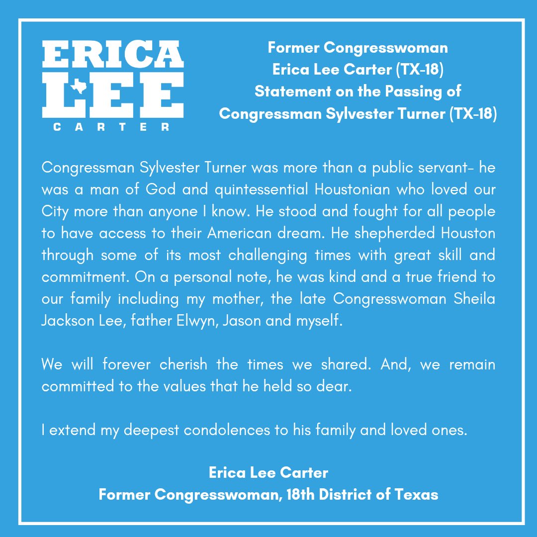 Erica Lee Carter (@ericasleecarter) on Twitter photo My Statement on the Passing of Congressman Sylvester Turner. <a href="/repsturner/">U.S. Representative Sylvester Turner</a> / @sylvesterturner #SylvesterTurner My Statement on the Passing of Congressman Sylvester Turner. <a href="/repsturner/">U.S. Representative Sylvester Turner</a> / @sylvesterturner #SylvesterTurner