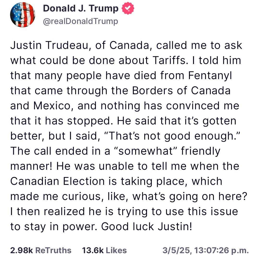 MarkCarney_Ego's tweet image. President Trump has called me out, claiming I'm intentionally escalating the trade war to stay in power.

And he's spot on.

Instead of negotiating to find a solution, I'm encouraging Canadians to boo Americans so I can enact the Emergencies Act and cancel elections.