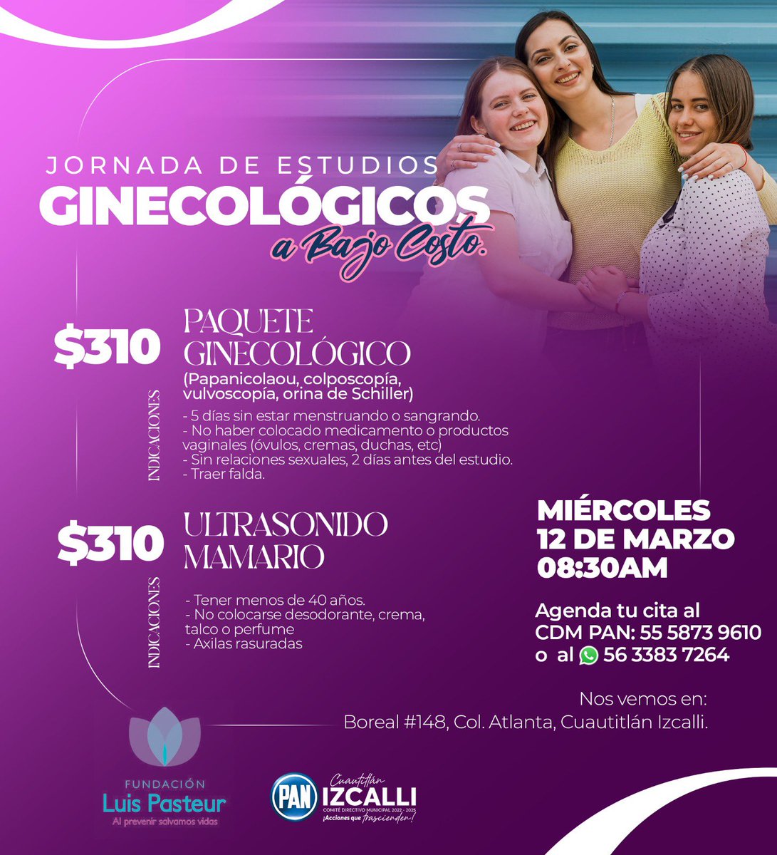 ¡Jornada de estudios Ginecológicos a bajo costo! 

A través del Comité Municipal del #PAN #CuautitlánIzcalli y la Fundación Luis Pasteur te invito a los diferentes servicios a bajo costo que se estarán ofreciendo el próximo miércoles 12 de marzo a partir de las 8:30 hrs.