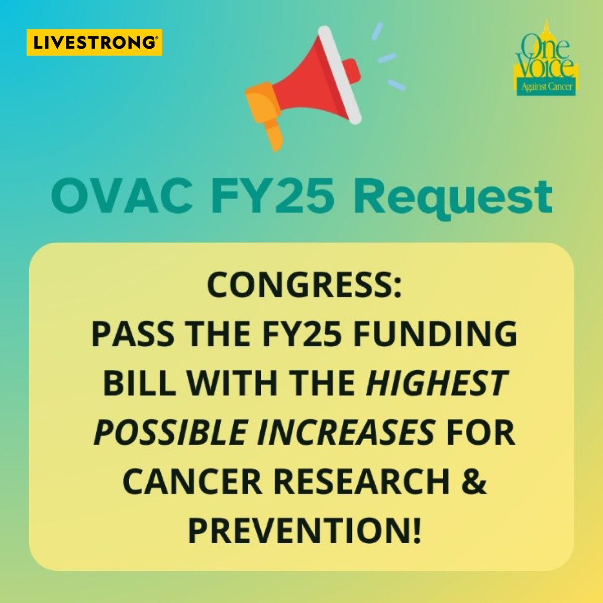 Livestrong is proud to be a member of <a href="/OVACInfo/">OVAC</a>. We are on Capitol Hill today to urge Congress to finish their work on the FY25 spending bill and prioritize funding for cancer research and prevention programs!  #CancerVoice25 #OVAC2025