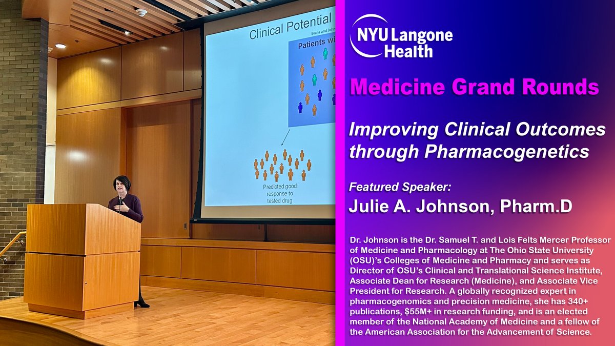 NYU Department of Medicine (@nyulh_deptofmed) on Twitter photo At Med #GrandRounds today <a href="/nyugrossman/">NYU Grossman School of Medicine</a>, Julie A. Johnson, Pharm.D of <a href="/OhioStateCTSI/">Ohio State CTSI</a> gave an outstanding talk on pharmacogenetics and its impact on drug therapy. She discussed key genes influencing drug response and how genotype-guided approaches can improve patient outcomes.
Key At Med #GrandRounds today <a href="/nyugrossman/">NYU Grossman School of Medicine</a>, Julie A. Johnson, Pharm.D of <a href="/OhioStateCTSI/">Ohio State CTSI</a> gave an outstanding talk on pharmacogenetics and its impact on drug therapy. She discussed key genes influencing drug response and how genotype-guided approaches can improve patient outcomes.
Key