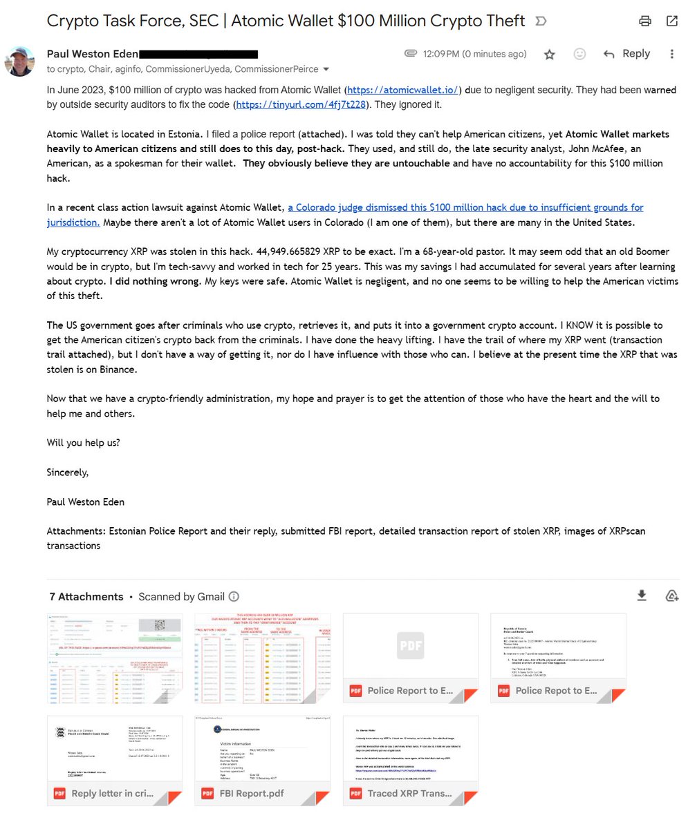 narrow_road_2's tweet image. Biden&apos;s @FBI @DOJ @SECGov didn&apos;t protect U.S. citizens. One example is the $100 million hack of @AtomicWallet, who were negligent in their security. We have a new sheriff in town. Will this crypto-friendly administration help?
#CryptoTaskForce @DavidSacks47 @FBIDirectorKash