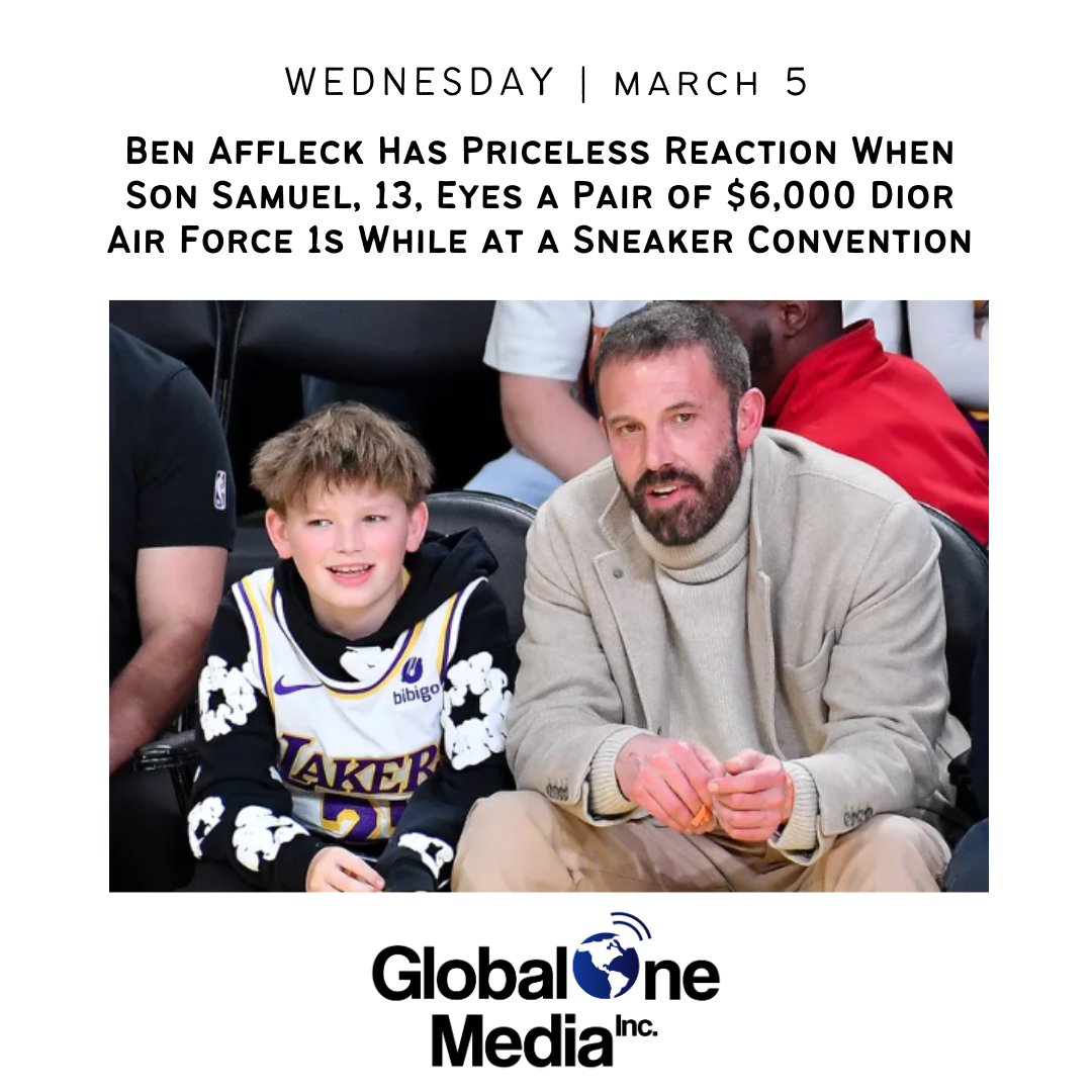 Global1MediaInc's tweet photo. Ben Affleck’s reaction to his son Samuel eyeing $6,000 sneakers is priceless! The relatable dad moment had fans cracking up—because who wouldn’t do a double take at that price? Would you ever splurge on shoes like that? https://t.co/SBGin4hR6P