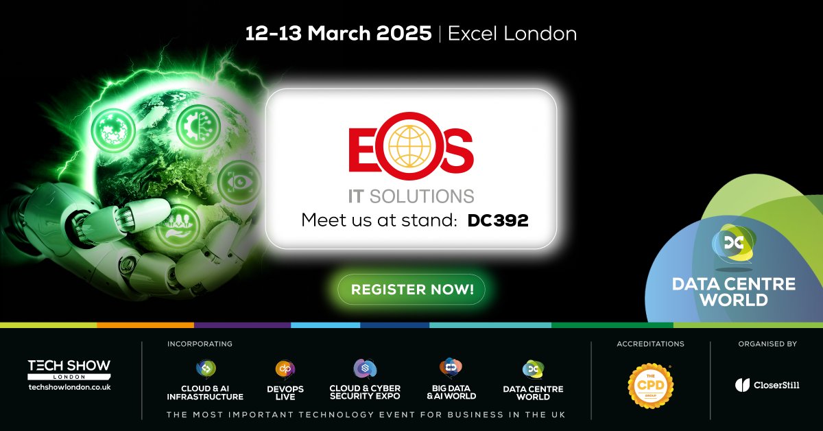 🚀 Ready for the Future of IT? Join EOS IT Solutions at <a href="/DataCentreWorld/">Data Centre World</a> London next week! 

📍 Find us at stand DCW392 to discover cutting-edge solutions and connect with our experts. 

✅ Register now: lnkd.in/eXpmS7nR Don’t miss out! 

#DCWLondon #EOSITSolutions