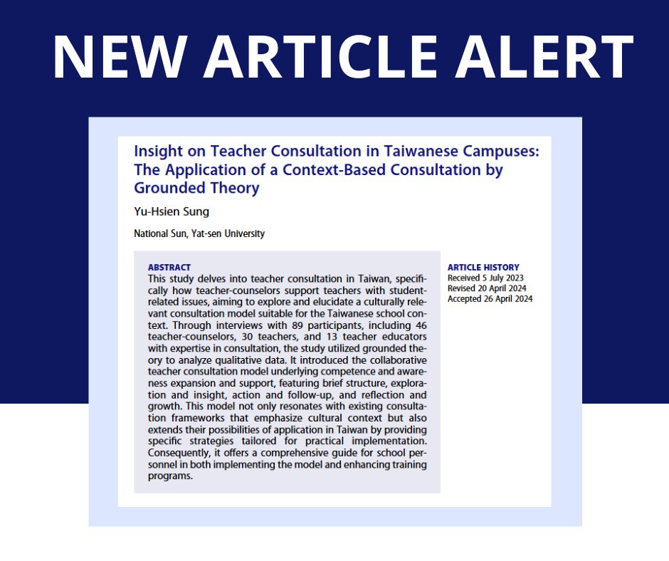 Check out this article from our latest issue!

Insight on Teacher Consultation in Taiwanese Campuses: The Application of a Context-Based Consultation by Grounded Theory

Read here: doi.org/10.1080/104744…