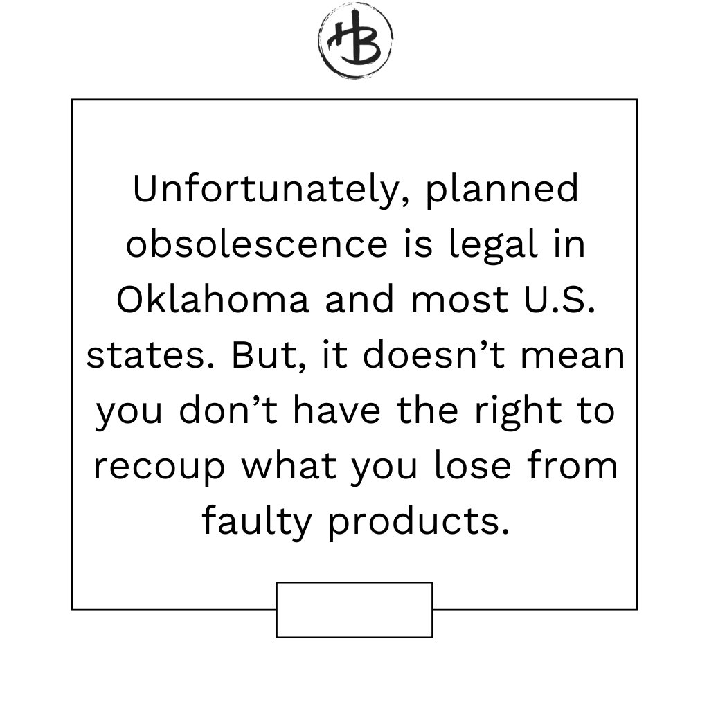 hblawpartners's tweet image. Planned obsolescence forces Oklahoma consumers to dip back into their wallets because of intentionally short-lasting products. It’s not illegal, but you could still be owed compensation for intentionally defective products. #HBLawPartners #LegalFAQ #ConsumerProtection