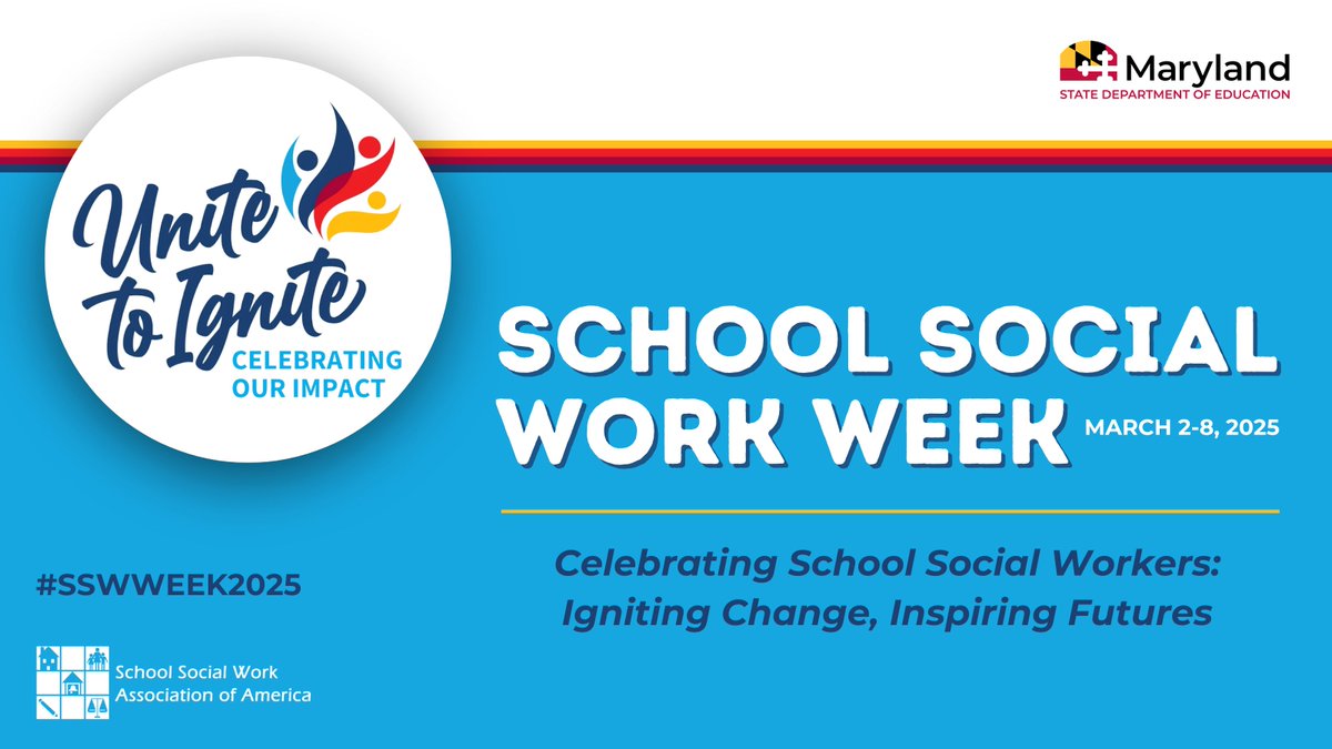 #SSWWeek2025 celebrates and honors the invaluable work of school social workers in enhancing the well-being &amp; success of our students, families &amp; school communities.

MSDE thanks all MD school social workers for all that they do to ignite change &amp; inspire futures!