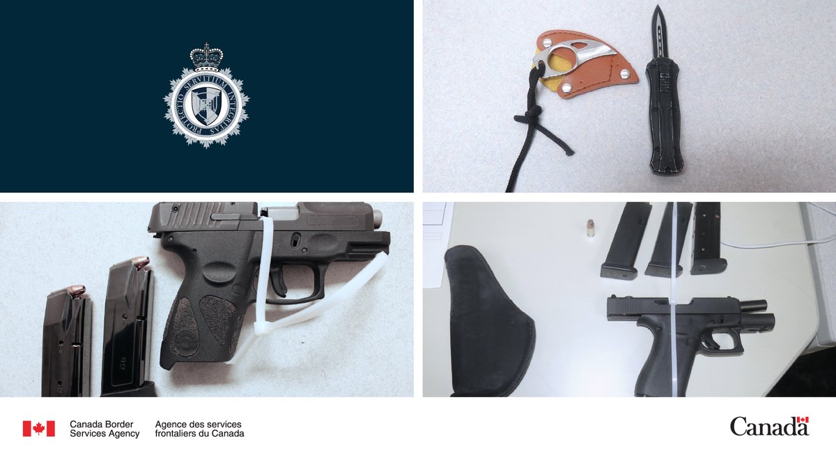 #CBSA officers at #SouthernOntario ports of entry seized 5 handguns, 3 magazines, 3 prohibited knives, pepper spray and ammunition from travellers from the US. The travellers were issued fines. #ProtectingCanadians #BorderSecurity #WeeklyWeaponsWrap