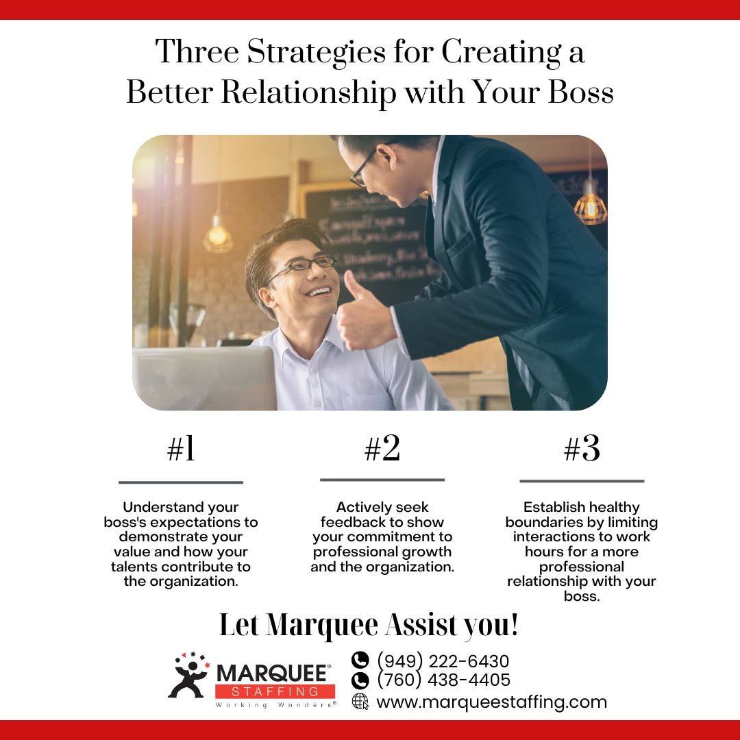 Check out these tips on how to strengthen your relationship with your boss, to get you prepared for the job!

Ready to take on an interview? See how Marquee can help!
📞 (949) 222-6430
📞 (760) 438-4405

For more information, visit our website at marqueestaffing.com