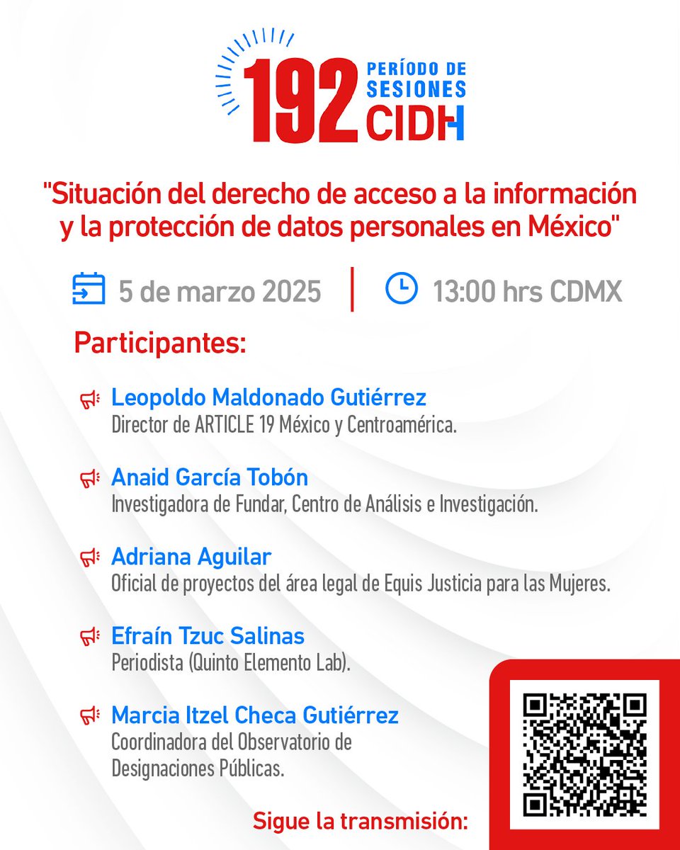 ⚡️ ¡Conéctate! Ante el grave retroceso del derecho a la información y la protección de datos personales en México, organizaciones y periodistas participan en la audiencia temática del #192PeriodoCIDH.  

📝 Regístrate aquí: acortar.link/lLidND

#LoQueDejamosDeSaber