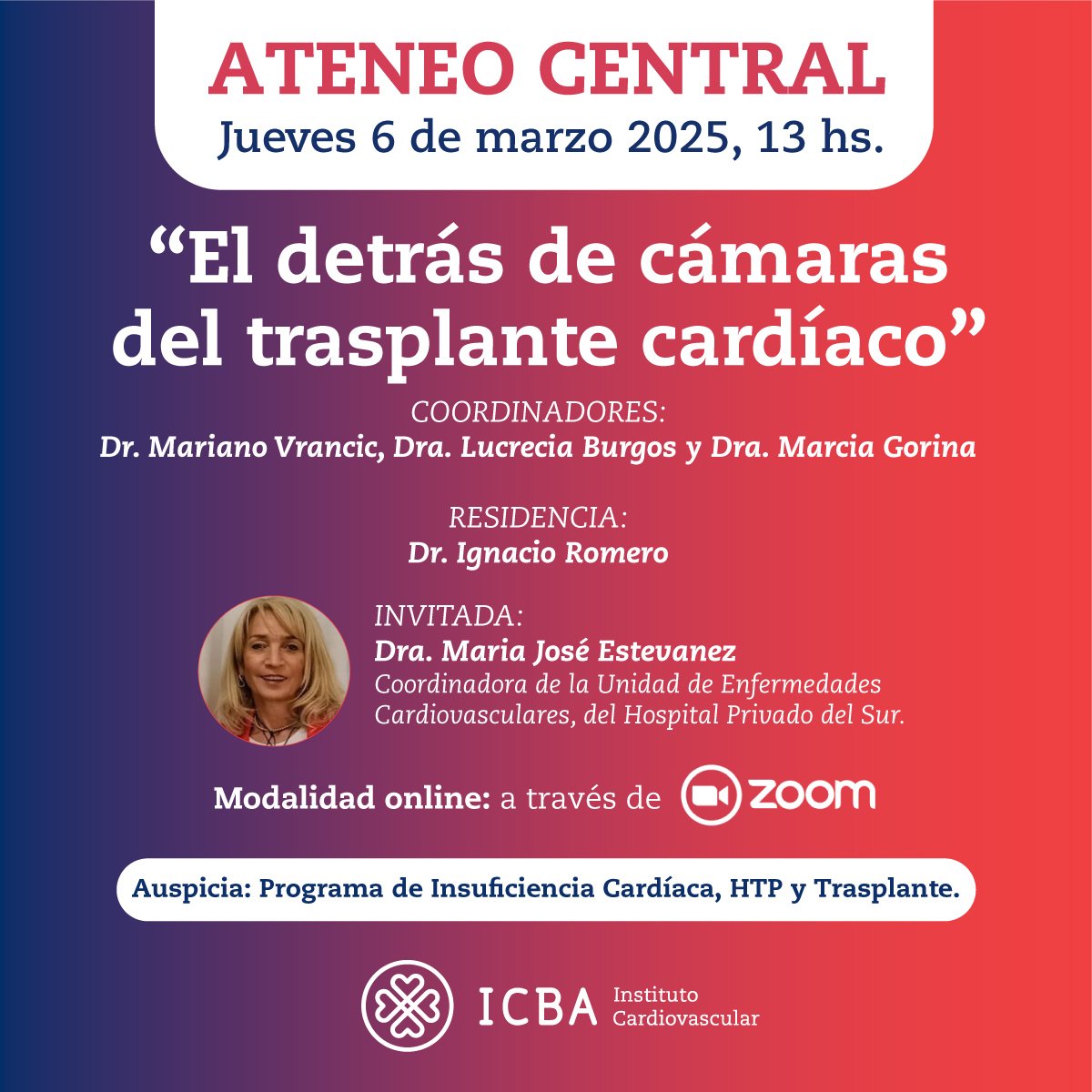 Comenzamos los ateneos centrales del ICBA!
Mañana presentamos un caso desafiante con gran trabajo en red en 🇦🇷 con Maria José Estebanez como invitada <a href="/mestebanez144/">Maria Estebanez</a>
Mostraremos el detrás de escenas del trasplante cardíaco 🎥 
Los esperamos a las 13hs!
Inscripción
Via zoom: