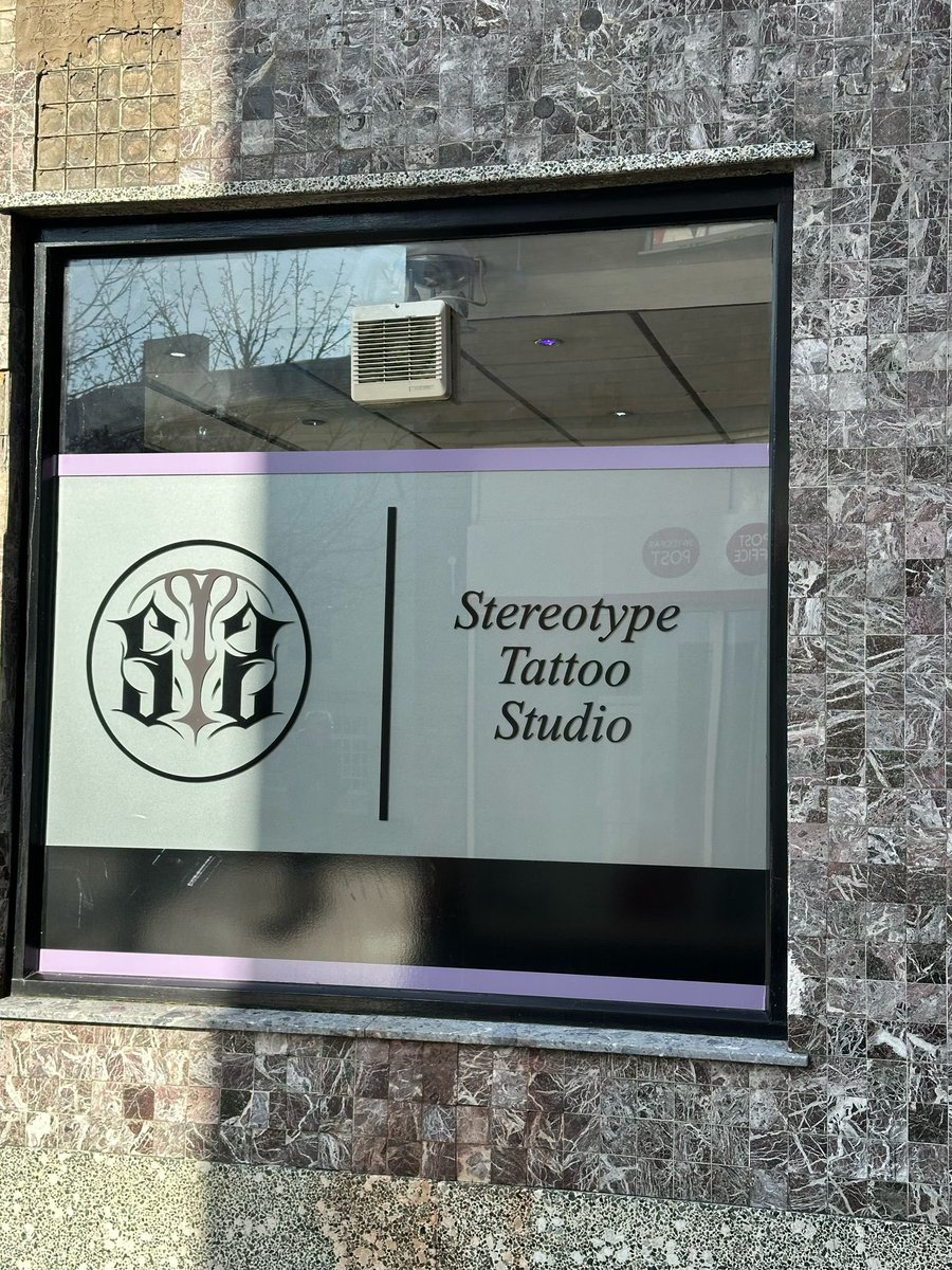 EliteSigns's tweet image. Let’s talk about #windowfrosting &amp;amp; for this project we’ve ink-corporated Stereotype #Tattoo studio’s branding into it, with a hint of colour as tats what they wanted. 

@BSGAUK